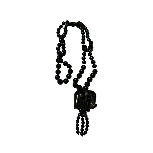 Vintage Hand-Carved Elephant Pendant Black Beaded Necklace - Picture 1 of 4